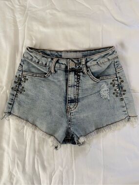 Crave Fame Light Blue Studded Frayed Hem Denim Shorts